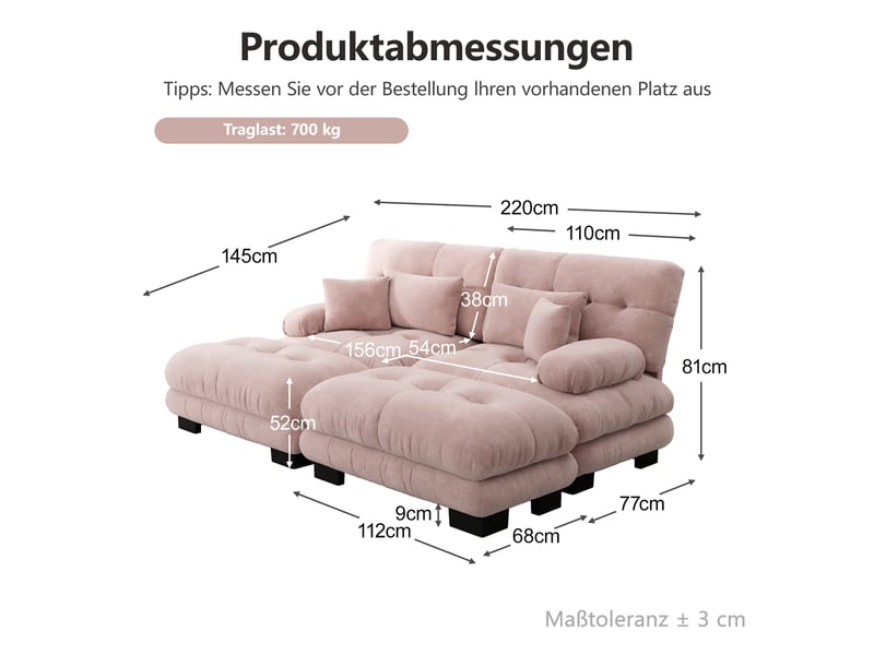  Canapé d’angle en chenille rose, canapé modulable avec deux ottomans assortis, coussins et larges accoudoirs arrondis  - Conforama B