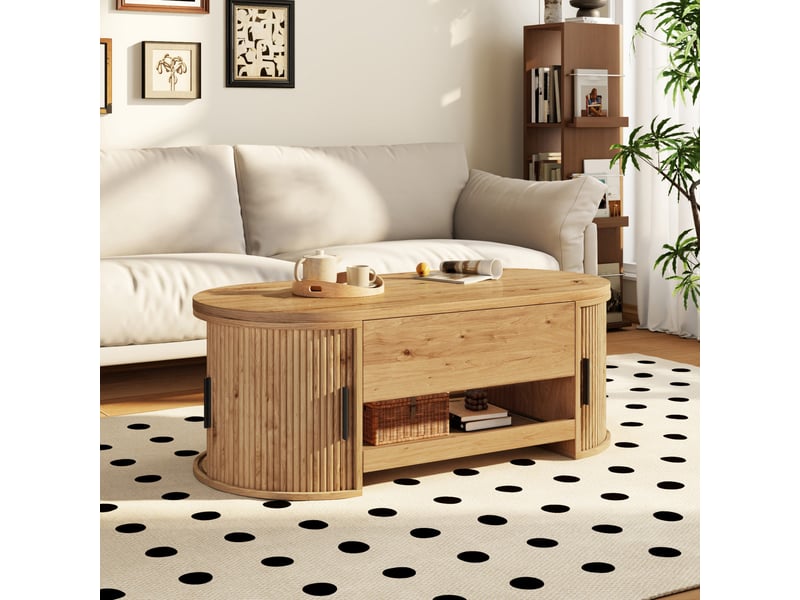  Table basse relevable 110 x 55 x 55 cm avec rangement caché, portes coulissantes et plateau extensible, effet rainuré  - Conforama D