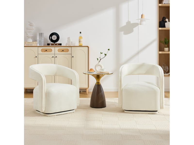  Fauteuil 70x65,5x74 cm, pivotant 360°, design tonneau, confort ergonomique, tissu chenille, canapé une place, blanc  - Conforama E