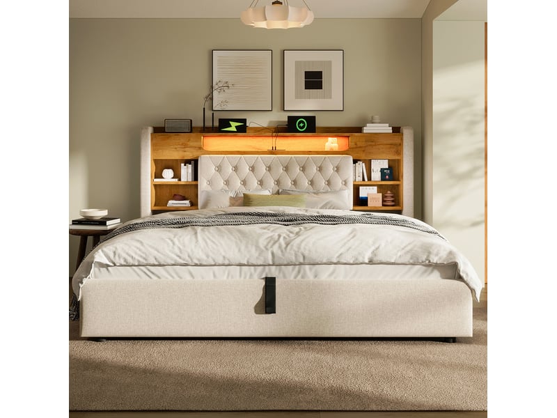  Lit 140x190 cm avec coffre relevable, led, ports usbusb-c, bois et métal, beige sans matelas  - Conforama D
