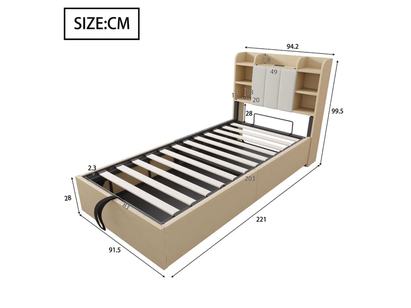  Modenvie lit coffre 90x200 cm - avec rangement hydraulique, ports usb et usb-c, sans matelas - naturel  - Conforama C