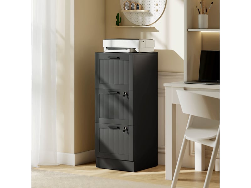  Caisson bureau, meuble rangement bois 3 tiroirs et serrure, barres de suspension réglables, 40 x 40 x 101 cm, noir  - Conforama C
