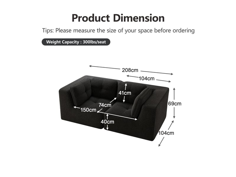  Canapé d'angle modulaire sans structure rigide avec assise profonde et confort enveloppant en velours côtelé noir  - Conforama E