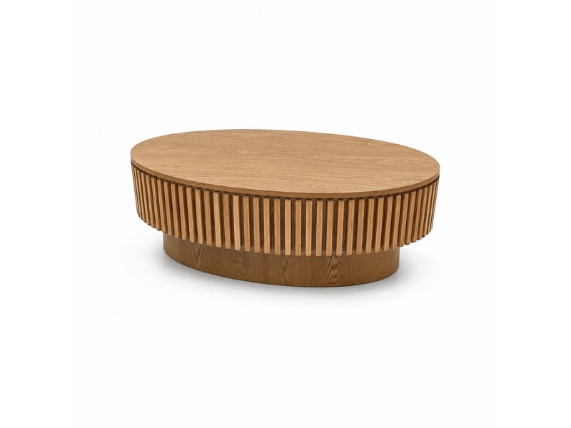  Table basse ovale 98 cm en mdf plaqué bois clair, rangement caché et design moderne pour votre salon  - Conforama A