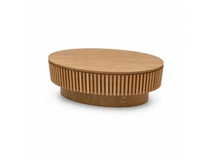 Table basse ovale 98 cm en mdf plaqué bois clair, rangement caché et design moderne pour votre salon
