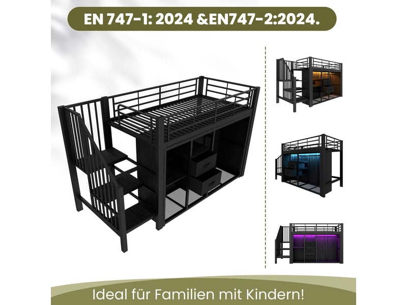  Lit mezzanine enfant 90x200 armoire ouverte &amp; led - lit mezzanine - métal noir, 2 tiroirs, rangements intégrés, sans matelas  - Conforama E