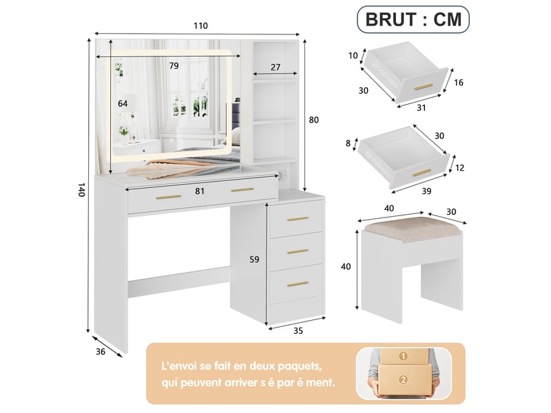  Coiffeuse maquillage avec tabouret - 110 x 36 x 140 cm - blanc - table de maquillage avec plateau en verre, grand miroir led, tiroirs et étagères  - Conforama B