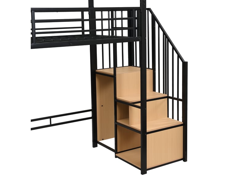 Lit mezzanine 90x200 cm avec escalier à rangement et penderie - lit enfant en métal noir - sans matelas - Conforama E