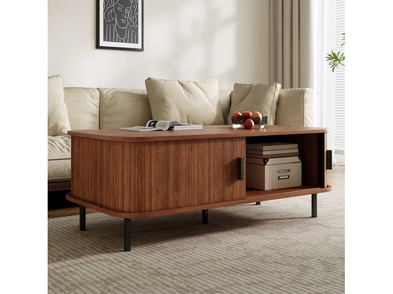  Table basse rectangulaire avec 2 portes coulissantes et rangement fermé, design à lames verticales pour salon, noyer  - Conforama E