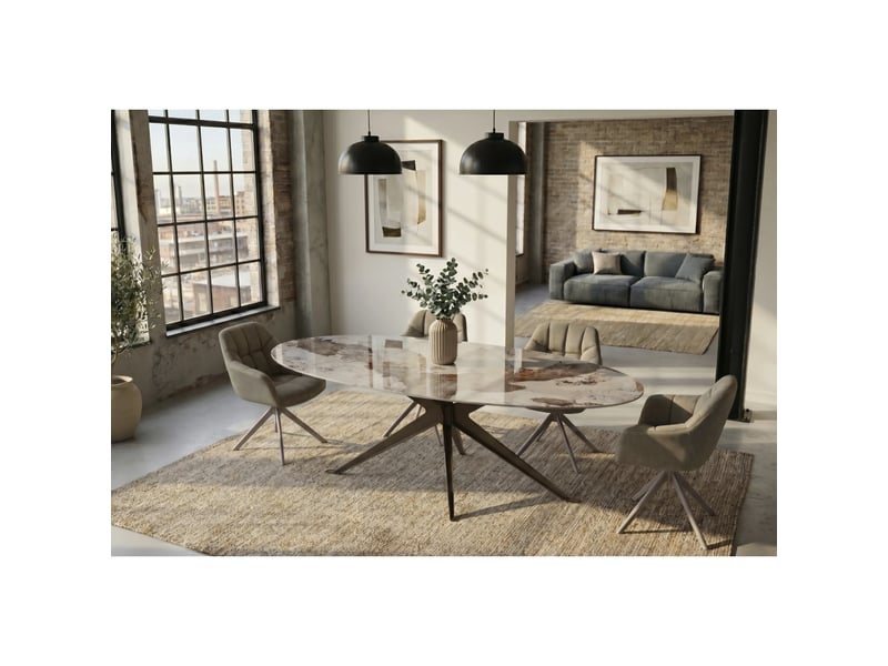  Table de salle à manger avelis ovale 220 cm en céramique effet marbre blanc et métal bronze  - Conforama B