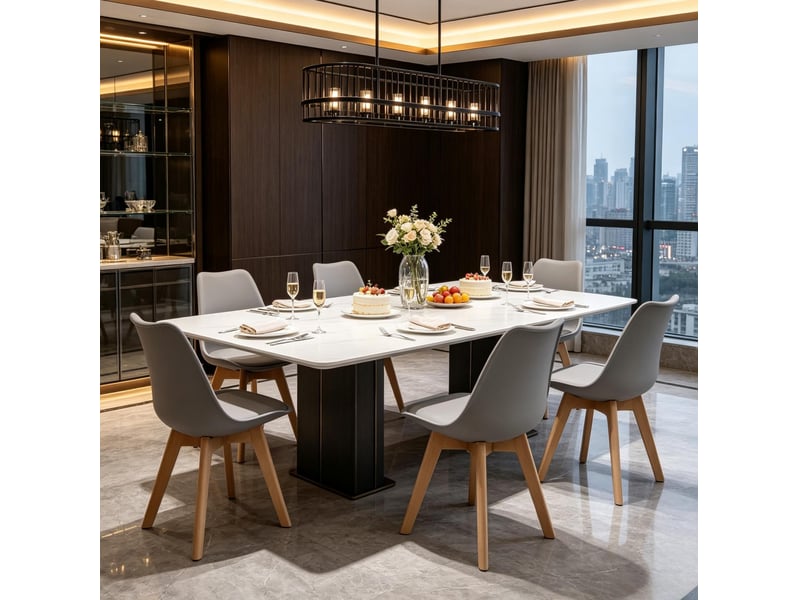  Chaise de salle à manger lot de 6 avec assise rembourrée et patins en similicuir, plastique et bois, gris et bois clair  - Conforama D