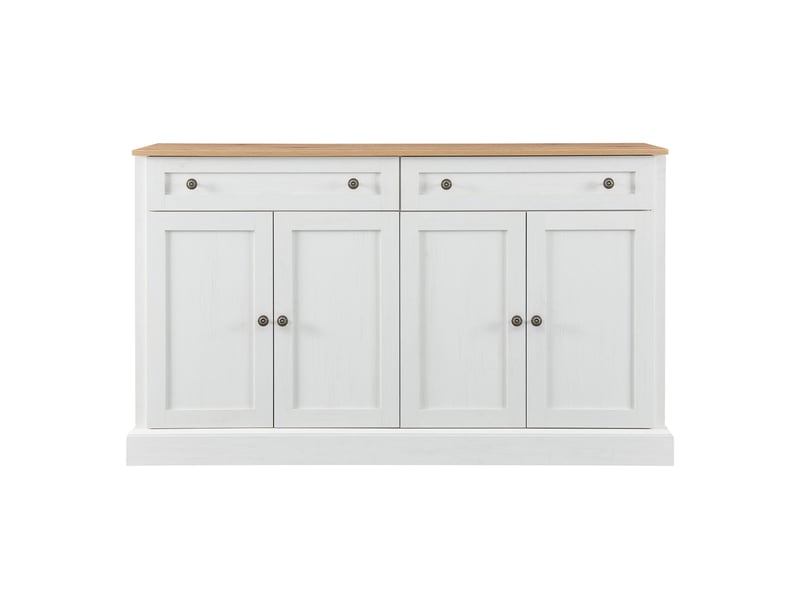 Buffet bas 150x86x40 cm grande capacité 4 portes 2 tiroirs meuble rangement cuisine salon entrée blanc bois naturel - Conforama A