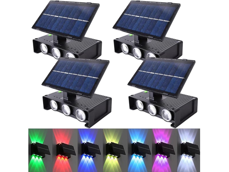  Ensemble de 4 appliques solaires murales d'extérieur – 6 LED RGB, 7 couleurs, éclairage réglable vers le haut et vers le bas, étanches, pour jardin, clôture, terrasse et allée.  - Conforama A