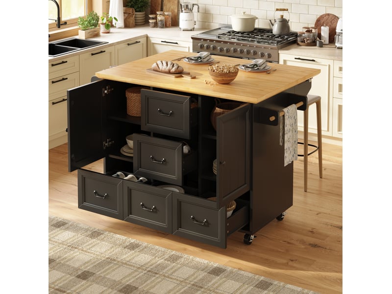  Îlot de cuisine mobile 120 x 4573 x 93 cm, 5 tiroirs, 2 portes, mdf et métal, noir  - Conforama E