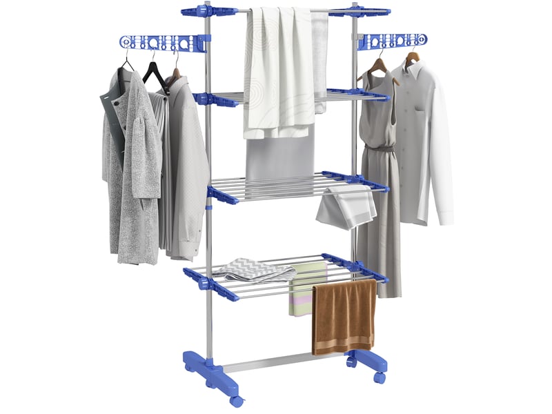 Étendoir à linge, 5 niveaux, pliable, système de pliage en un clic, 142 cm x 55 cm x 172 cm, bleu et argent - Conforama A