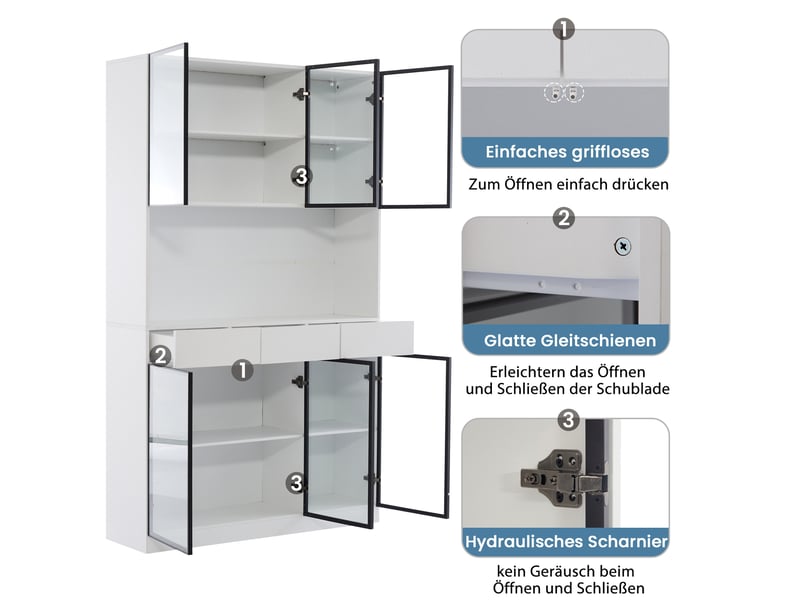  Vitrine 240x36x200 cm avec éclairage led, portes et tiroirs, blanc et cadre noir  - Conforama D
