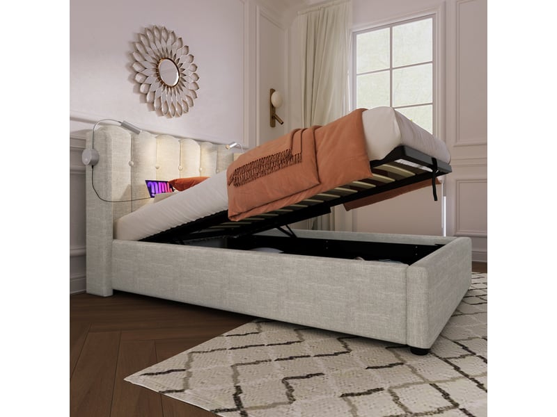  Lit coffre 90x200 avec led et usb, lit une place en lin beige avec coffre de rangement et sommier à lattes  - Conforama W
