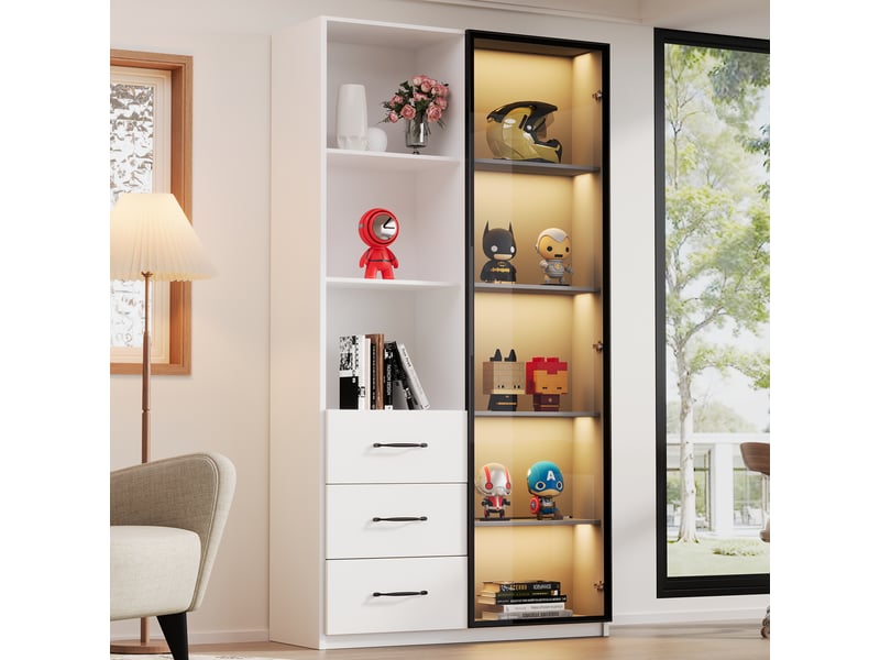  Vitrine led 80x40x160 cm, meuble vitrine avec porte vitrée, armoire de rangement avec 3 tiroirs et bibliothèque - blanc  - Conforama B