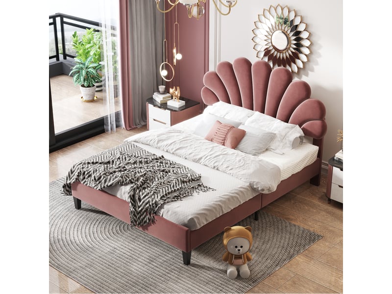  Lit double 200×140 cm avec tête de lit fleur, sommier à lattes, sans matelas, en velours rouge  - Conforama C