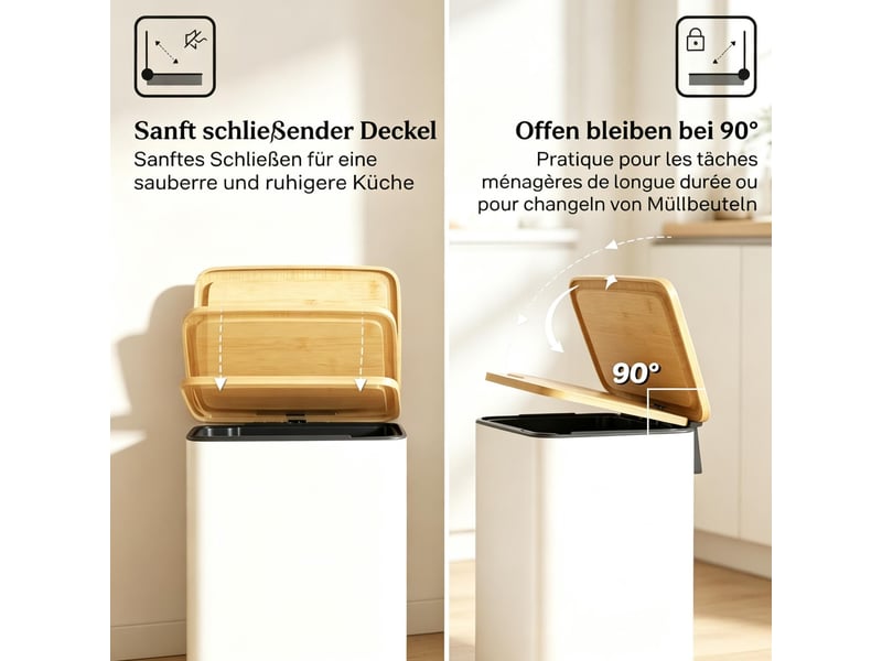  Poubelle de cuisine à pédale 20 l 29,5 x 29,5 x 56,8 cm – blanche et bambou – couvercle soft-close  - Conforama E