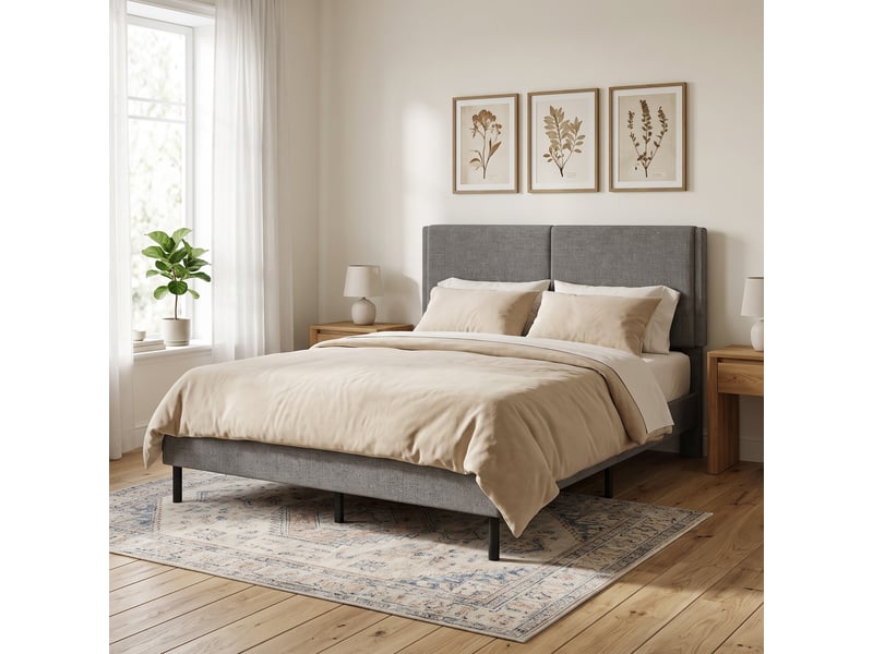 Cadre de lit 140x190 avec sommier, tête réglable et rangement sous le lit, double rembourré gris - Conforama D