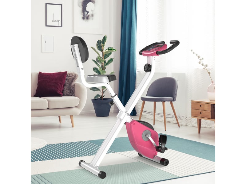  Vélo appartement pliable fitness intérieur, 8 résistances magnétiques, dossier, selle réglable, lcd, cardio, rose.  - Conforama C
