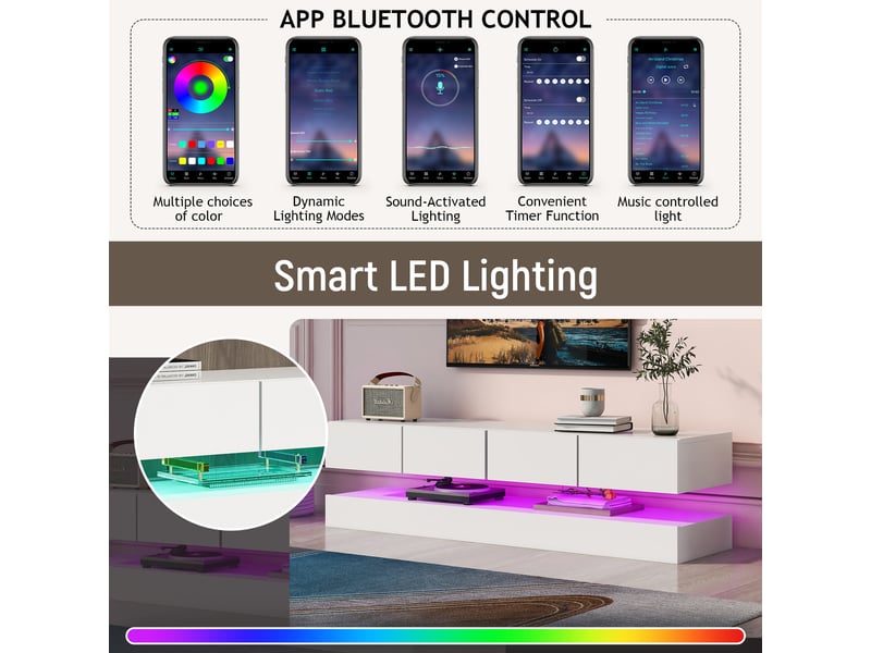  Meuble tv mural blanc avec 4 tiroirs et éclairage led  - Conforama E