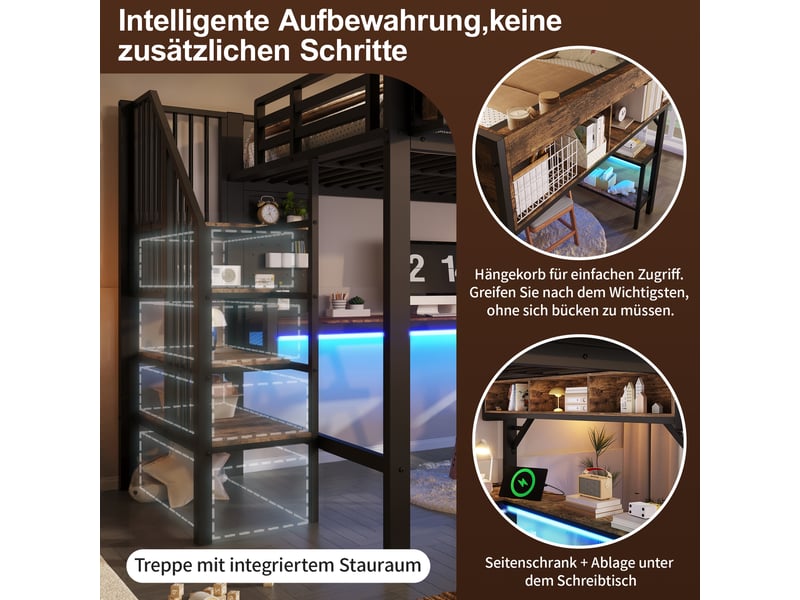  Lit mezzanine 140x200 cm marron et noir avec bureau d'angle, rangement, usb type-c et led, sans matelas  - Conforama C