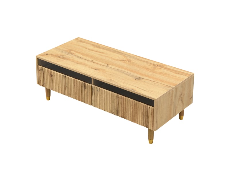 Table basse led moderne, plateau ondulé, pieds dorés effet bois, 2 tiroirs, éclairage led multicolore - Conforama E