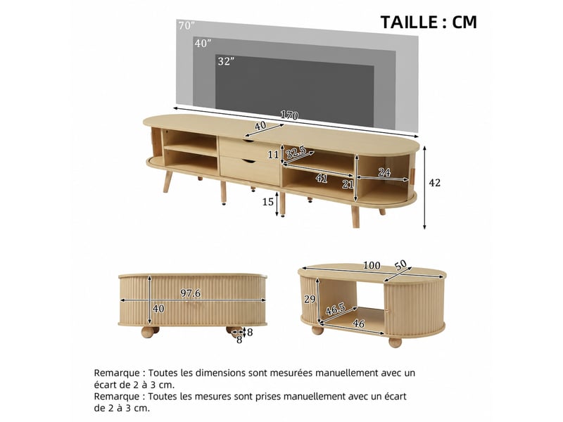  Ensemble meuble tv et table basse – mdf – bois de noyer clair – 170 cm  - Conforama D