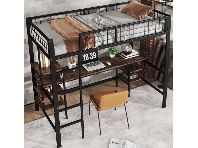  Lit mezzanine 90x200 cm avec bureau et rangement métal panneau de particules noir et bois foncé sans matelas  - Conforama B