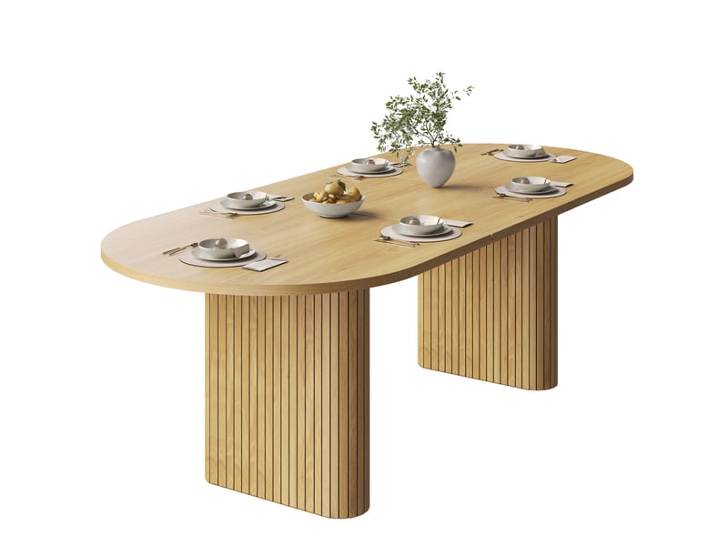 Table de salle à manger extensible 120-160x80x75,5 cm, plateau ovale effet bois à relief vertical, supporte 60 kg, mdf et métal, naturel Sol Morn - Conforama A