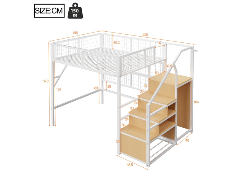  Lit mezzanine tcqpz 140 x 200 cm en métal blanc avec led pilotées par application, escalier de rangement et armoire ouverte  - Conforama C