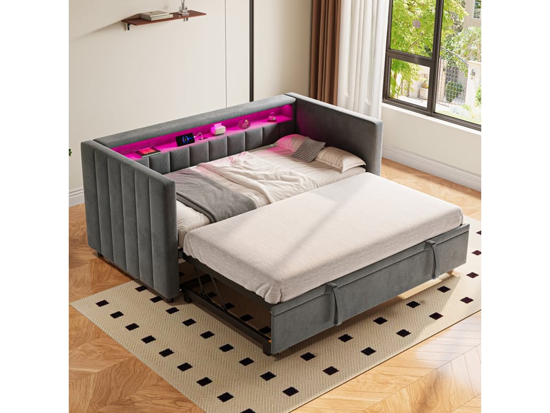  Lit gigogne 90x190 cm, rangement intégré, led et port usb type-c, design capitonné en velours gris  - Conforama D
