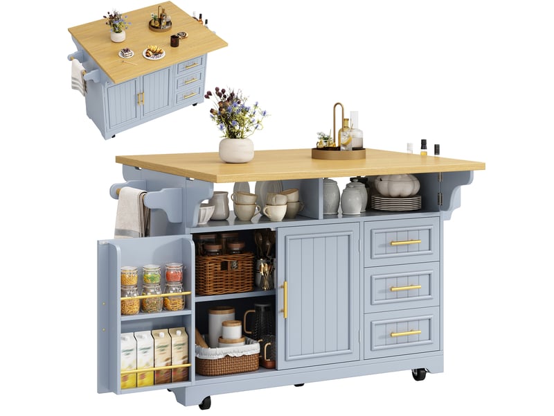  Desserte 2 portes 3 tiroirs - îlot de cuisine mobile à plateaux rabattables 143x40x95 cm mdf bleu gris  - Conforama A