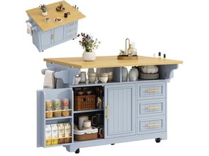 Desserte 2 portes 3 tiroirs - îlot de cuisine mobile à plateaux rabattables 143x40x95 cm mdf bleu gris