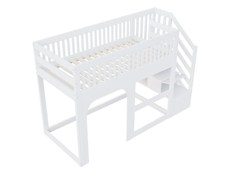  Lit mezzanine enfant 90 × 200 cm 1 place avec escalier de rangement, led et barrières, sans matelas, bois blanc  - Conforama E