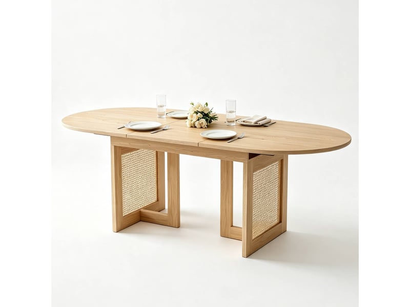  Table à manger extensible 120-160 x 80 cm, coins arrondis, pieds en rotin, chêne Jamama eleni - Conforama A