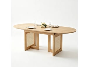 Table à manger extensible 120-160 x 80 cm, coins arrondis, pieds en rotin, chêne