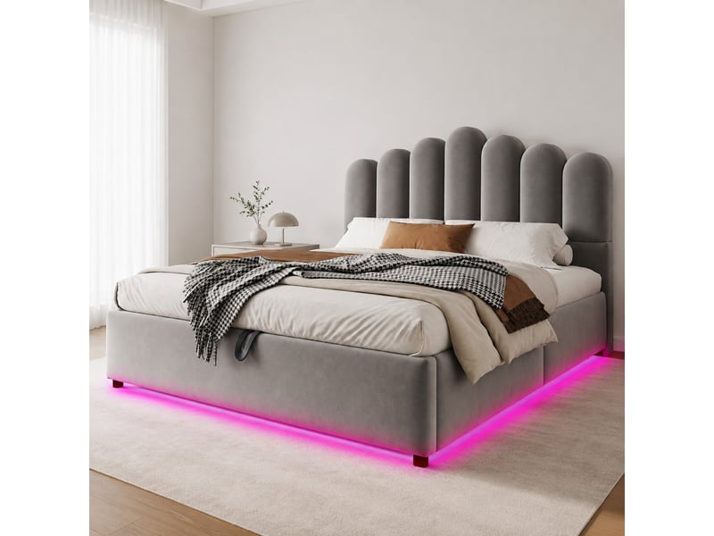  Lit double 140 × 200 cm avec coffre hydraulique, tête de lit rembourrée, led et sommier à lattes pour chambre  - Conforama B