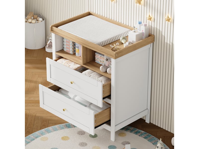  Table à langer avec commode, plateau amovible, tiroirs et niches, 82 x 50 x 90 cm, mdf blanc et naturel  - Conforama E