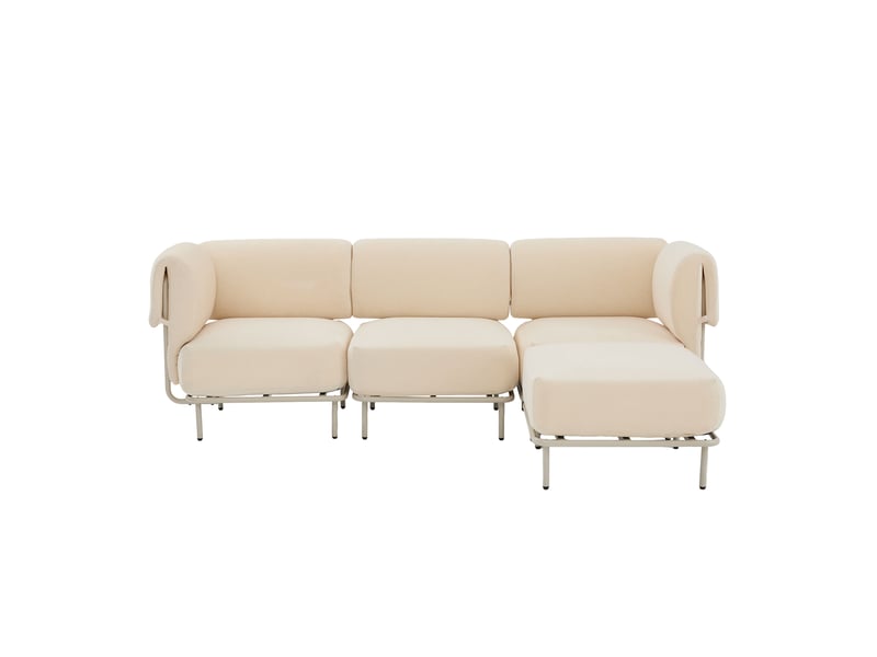  Canapé d'angle modulable 3 places en tissu chenille beige, avec pouf, 251×155×78 cm, design nordique  - Conforama A