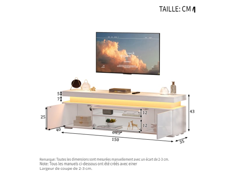  Meuble tv led blanc 150 cm, banc tv moderne avec 3 portes et rangement  - Conforama C