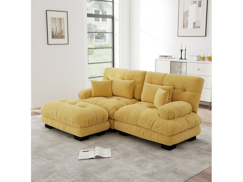  Canapé d'angle 2 places modenvie modulable en chenille jaune 220 x 145 cm avec ottomans mobiles  - Conforama B