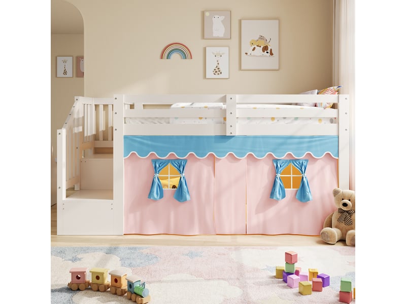  Lit mi-hauteur 90 x 200 cm en pin, rideaux occultants, espace ouvert sous le lit, led, blanc evarich - Conforama E