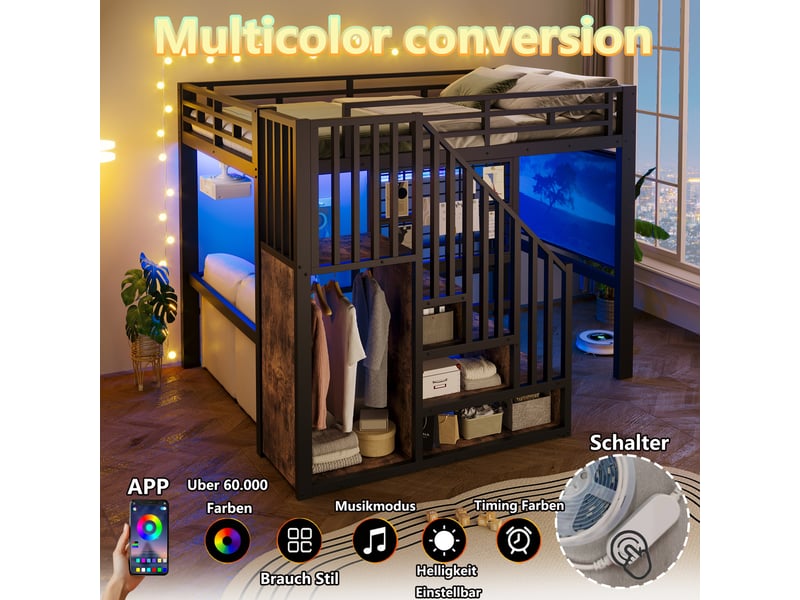  Lit mezzanine 140x200 cm en métal noir avec escalier rangement, grille et led  - Conforama B