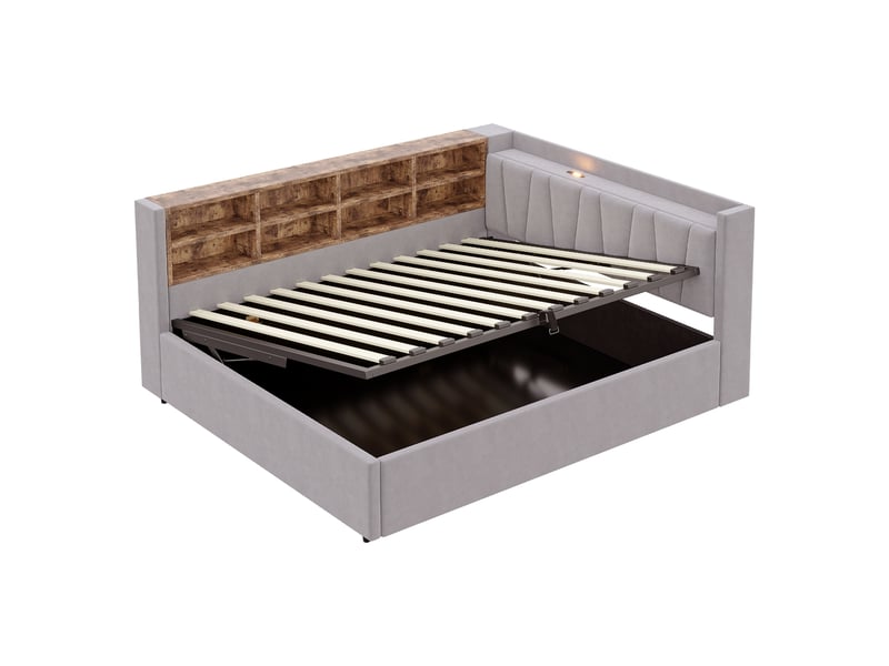  Litcanapé-lit capitonné 140 x 200 cm, avec rangement hydraulique, veilleuse, ports de chargement usb et type-c, étagères et compartiments de rangement, tête de lit capitonnée, lit multifonctionnel en velours gris clair  - Conforama D
