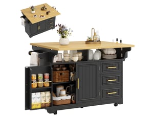 Îlot de cuisine multifonction avec extension table déplaçable, portes à motif vertical, rangement avec tiroirs buffet sur roulettes