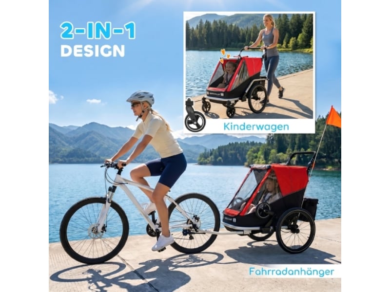 Remorque vélo enfant rouge 2 places, 2 en 1 pliable, siège réglable, harnais de sécurité - Conforama D