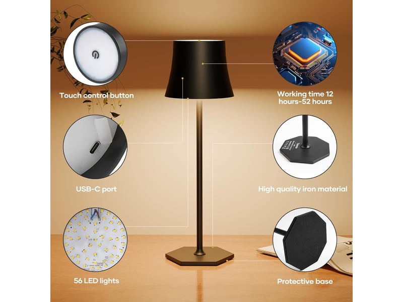  Lampe de table led rechargeable sans fil 4000mah – réglage tactile, noir  - Conforama D